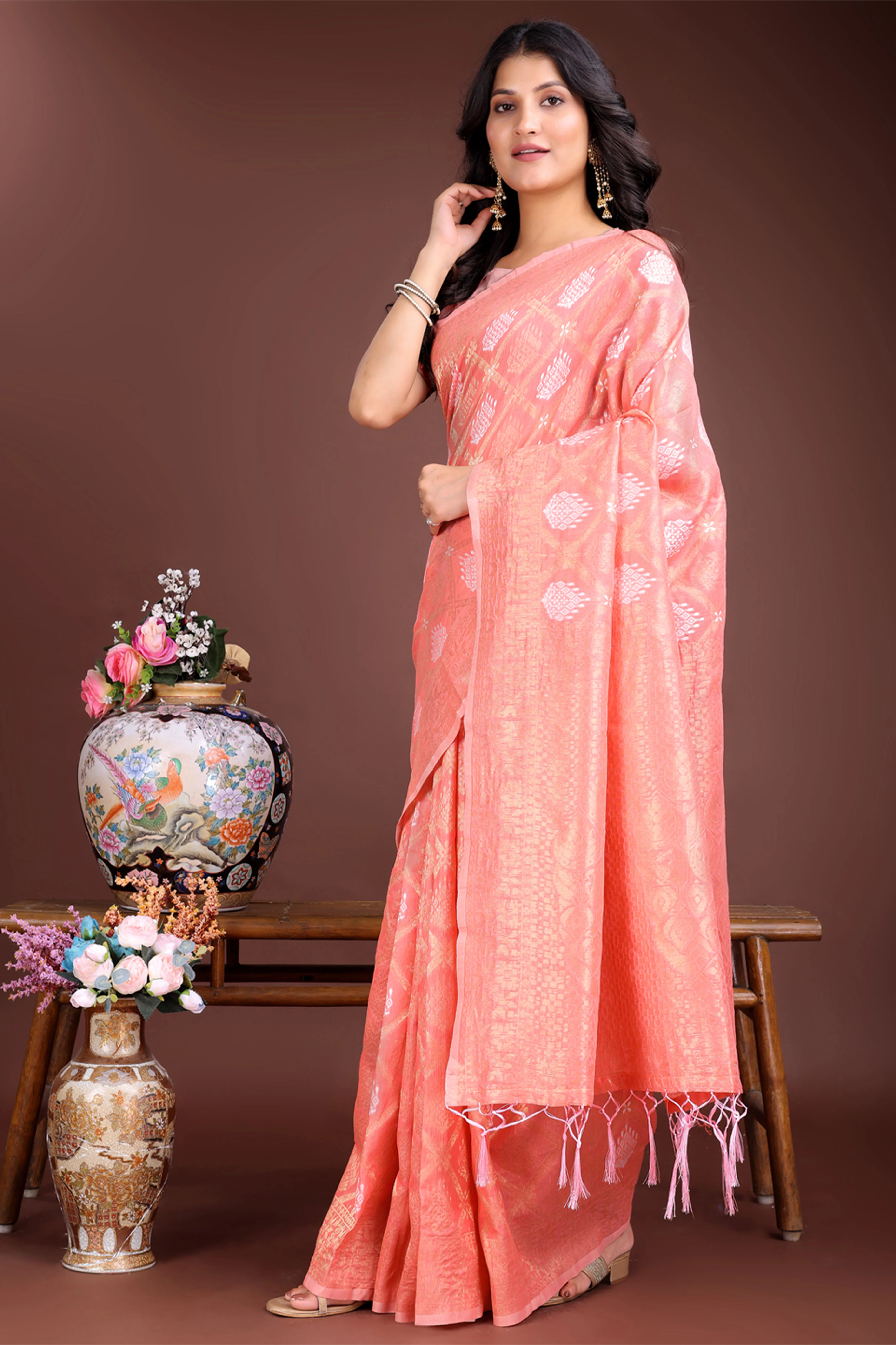 Peach Zari Woven Linen Cotton Saree with Graceful Tassels - Image 3
