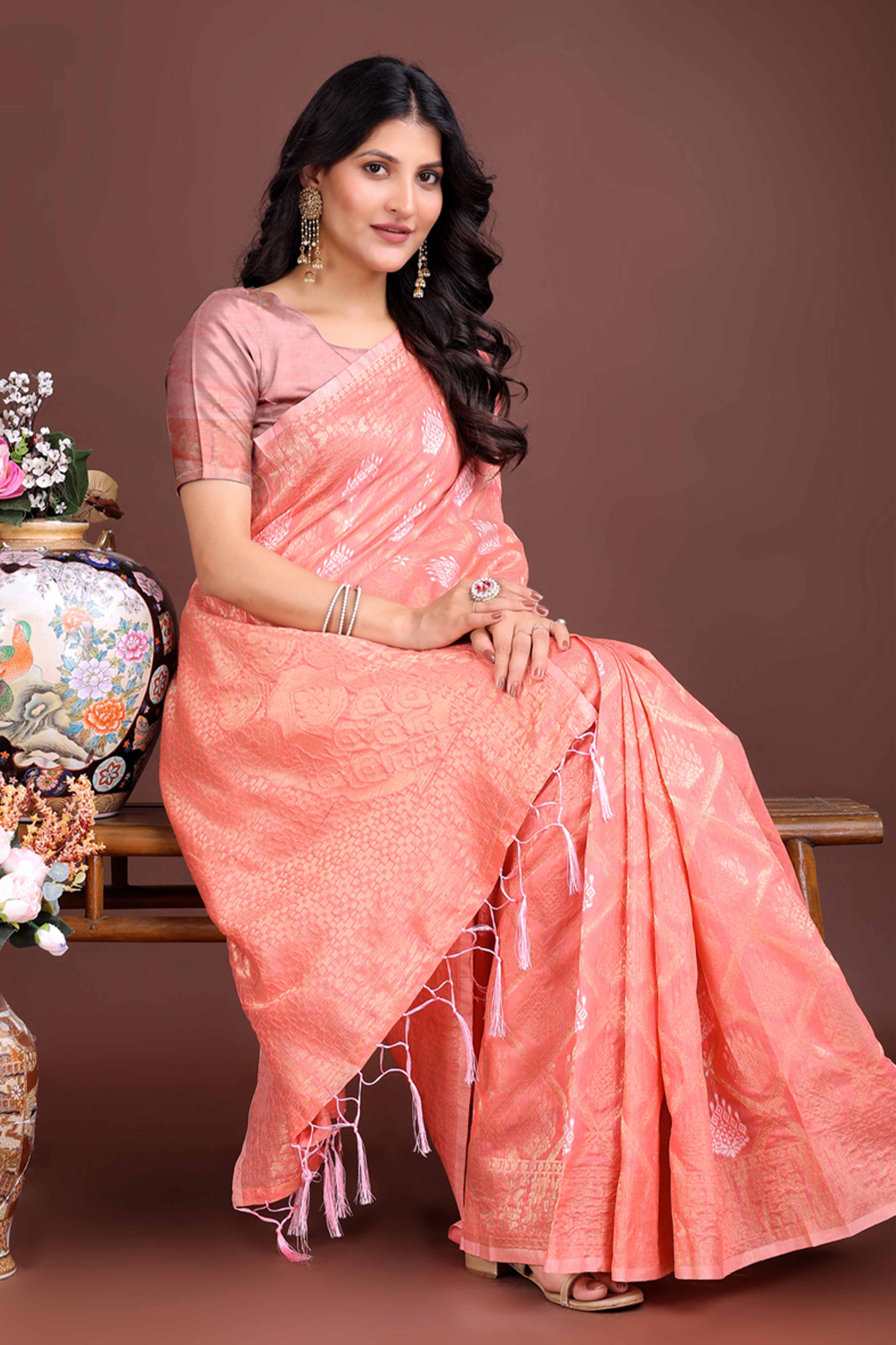 Peach Zari Woven Linen Cotton Saree with Graceful Tassels - Image 4