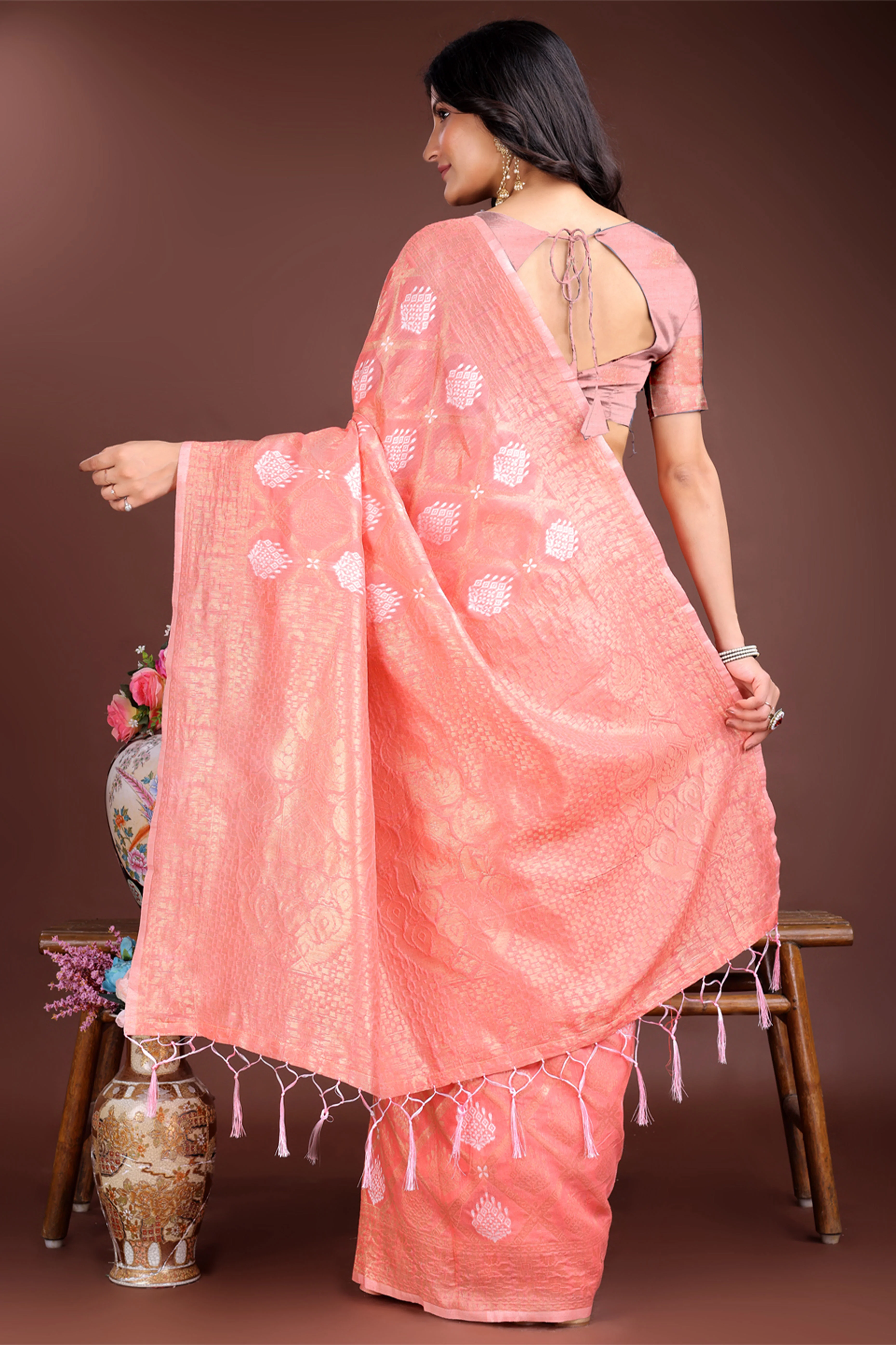 Peach Zari Woven Linen Cotton Saree with Graceful Tassels - Image 5