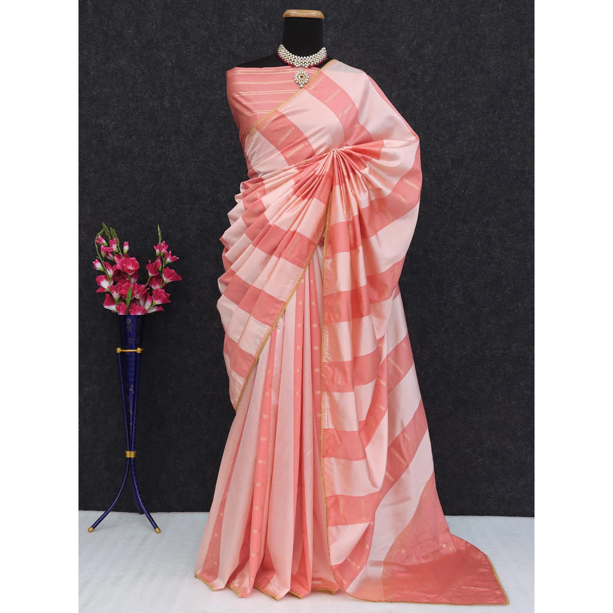 Peach Zari Woven With Sequins Work Tussar Silk Saree With Lace Border - Image 5