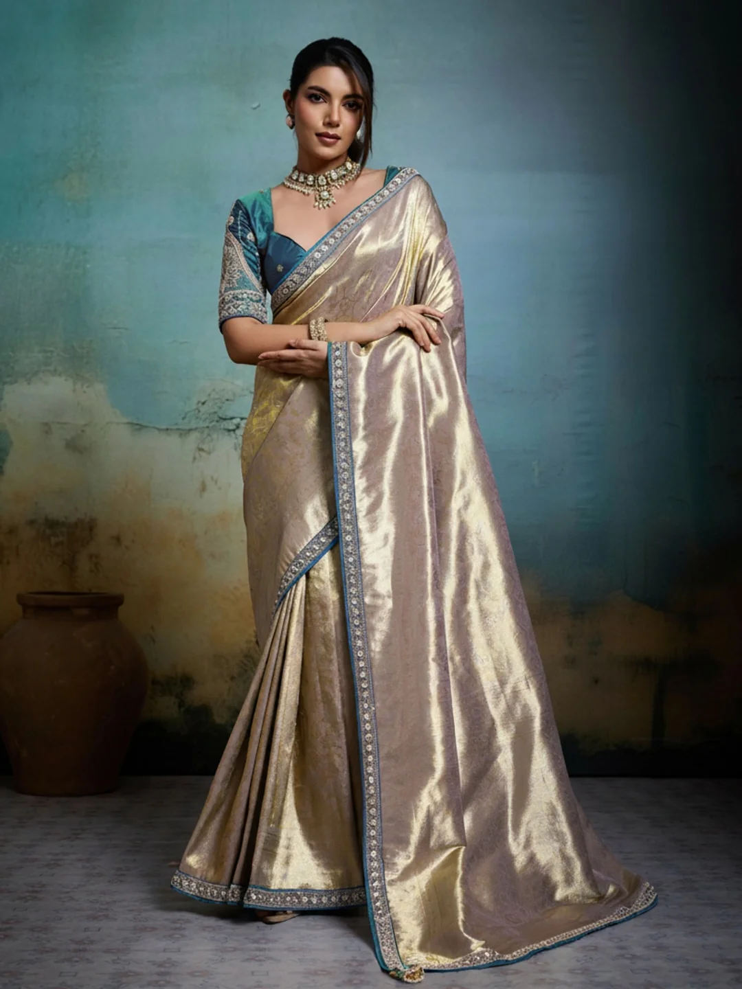 Peachmode Beige Tissue Banarasi Saree with Beads and Sequins Lace