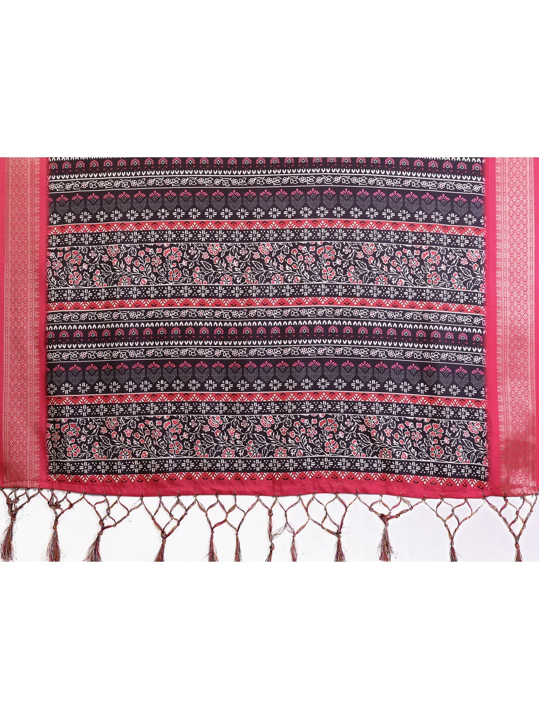 Peachmode Black Cotton Silk Floral Print Saree with Zari Border - Image 11