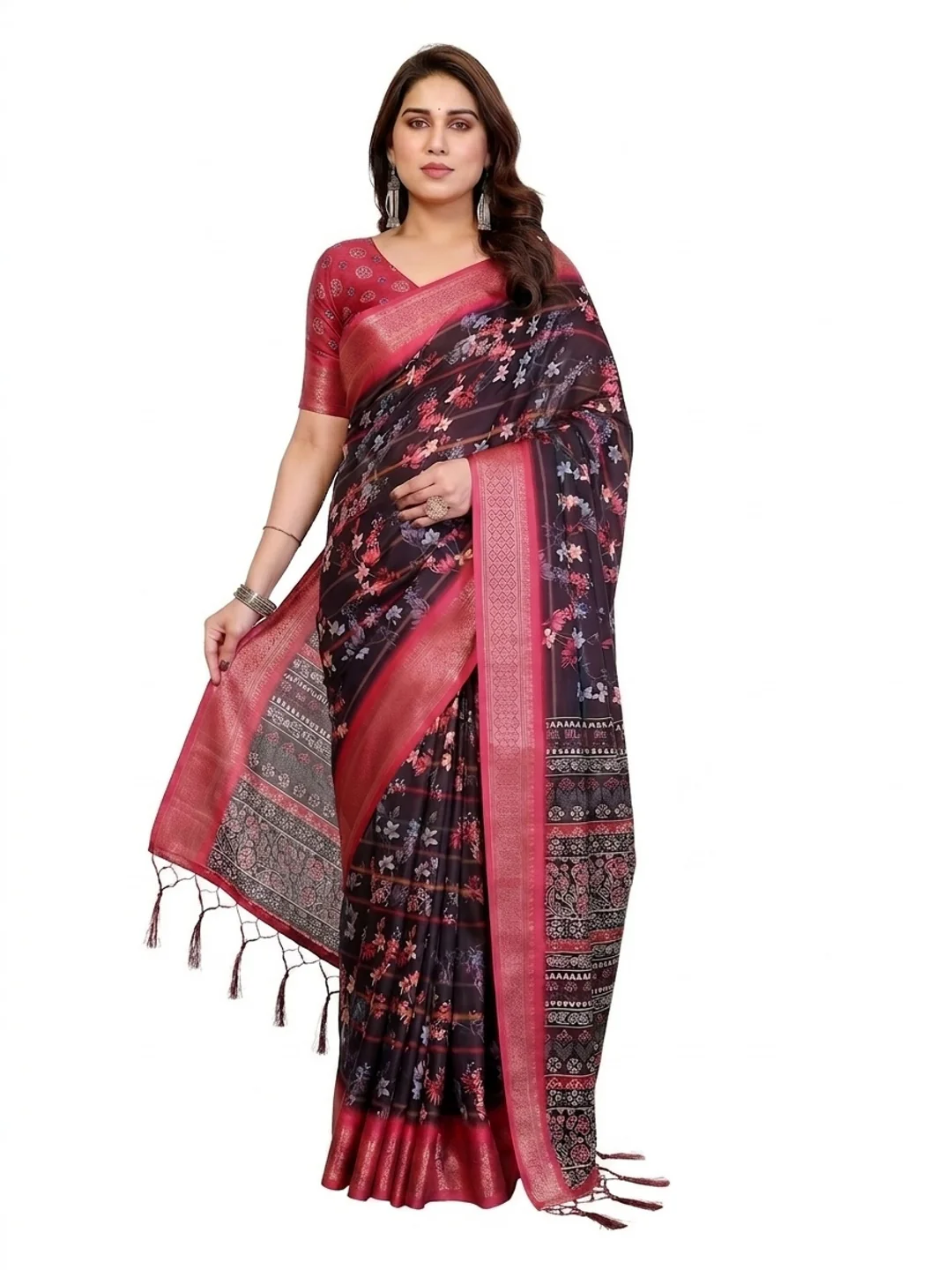 Peachmode Black Cotton Silk Floral Print Saree with Zari Border - Image 12