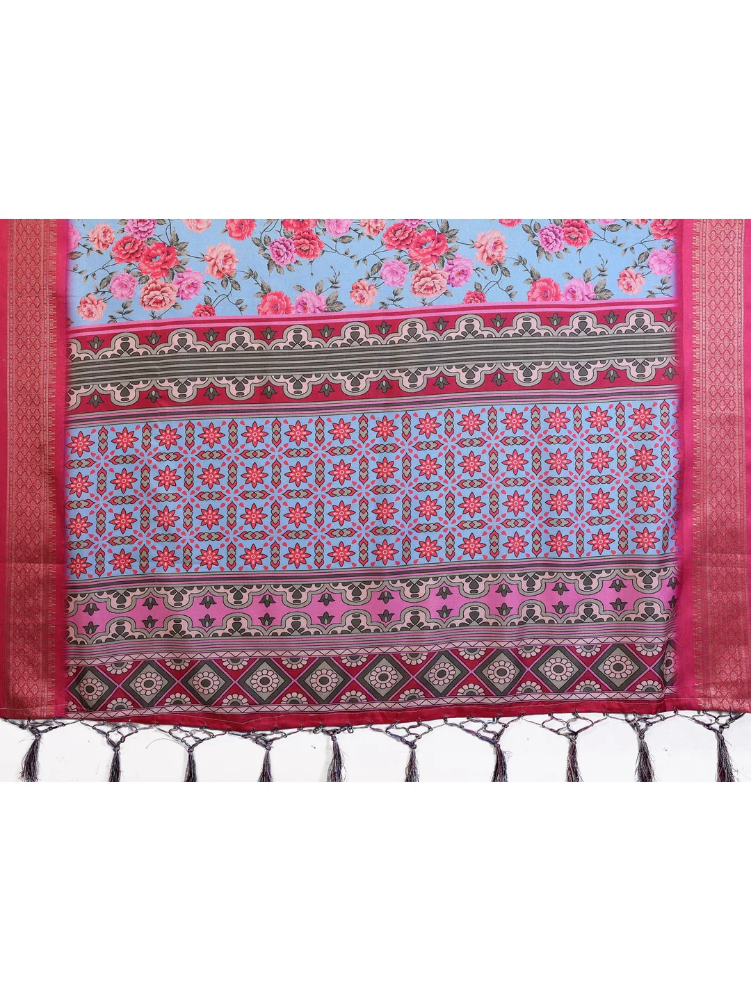 Peachmode Blue Cotton Silk Floral Print Saree with Zari Border - Image 11