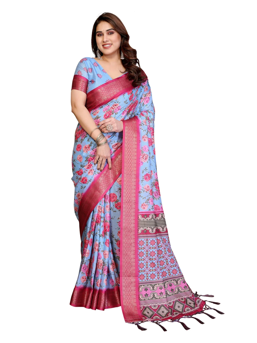 Peachmode Blue Cotton Silk Floral Print Saree with Zari Border - Image 16