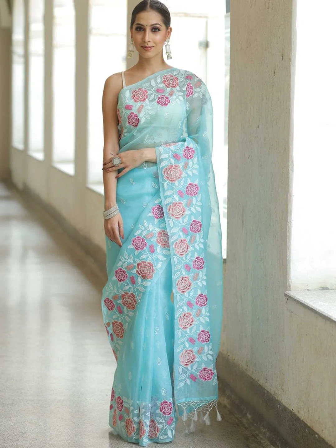 Peachmode Blue Organza Saree with Thread Embroidery