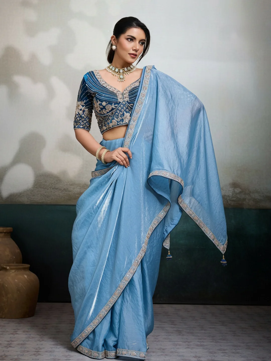 Peachmode Blue Velvet Satin Saree with Handwork Lace - Image 3