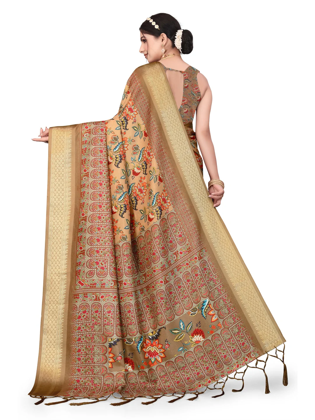 Peachmode Brown Cotton Silk Digital Print Saree with Jacquard Border - Image 13