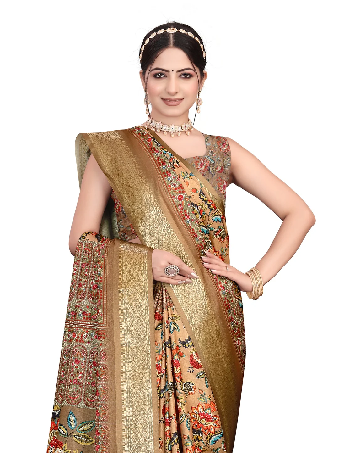 Peachmode Brown Cotton Silk Digital Print Saree with Jacquard Border - Image 21