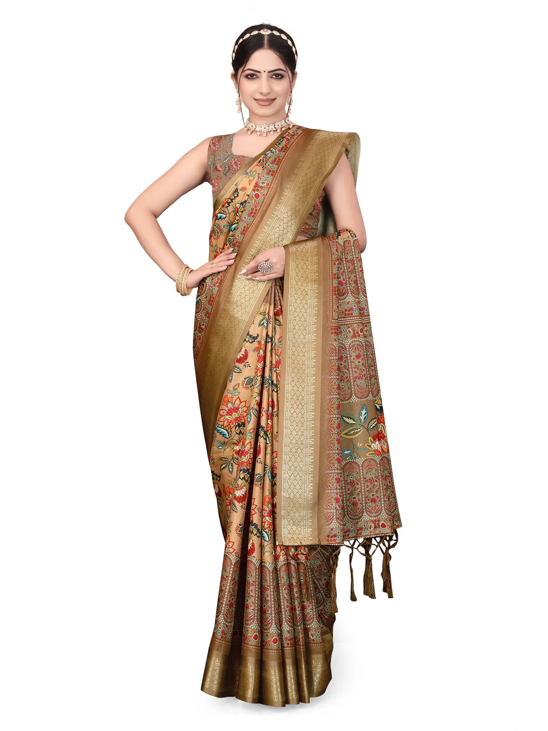 Peachmode Brown Cotton Silk Digital Print Saree with Jacquard Border - Image 22
