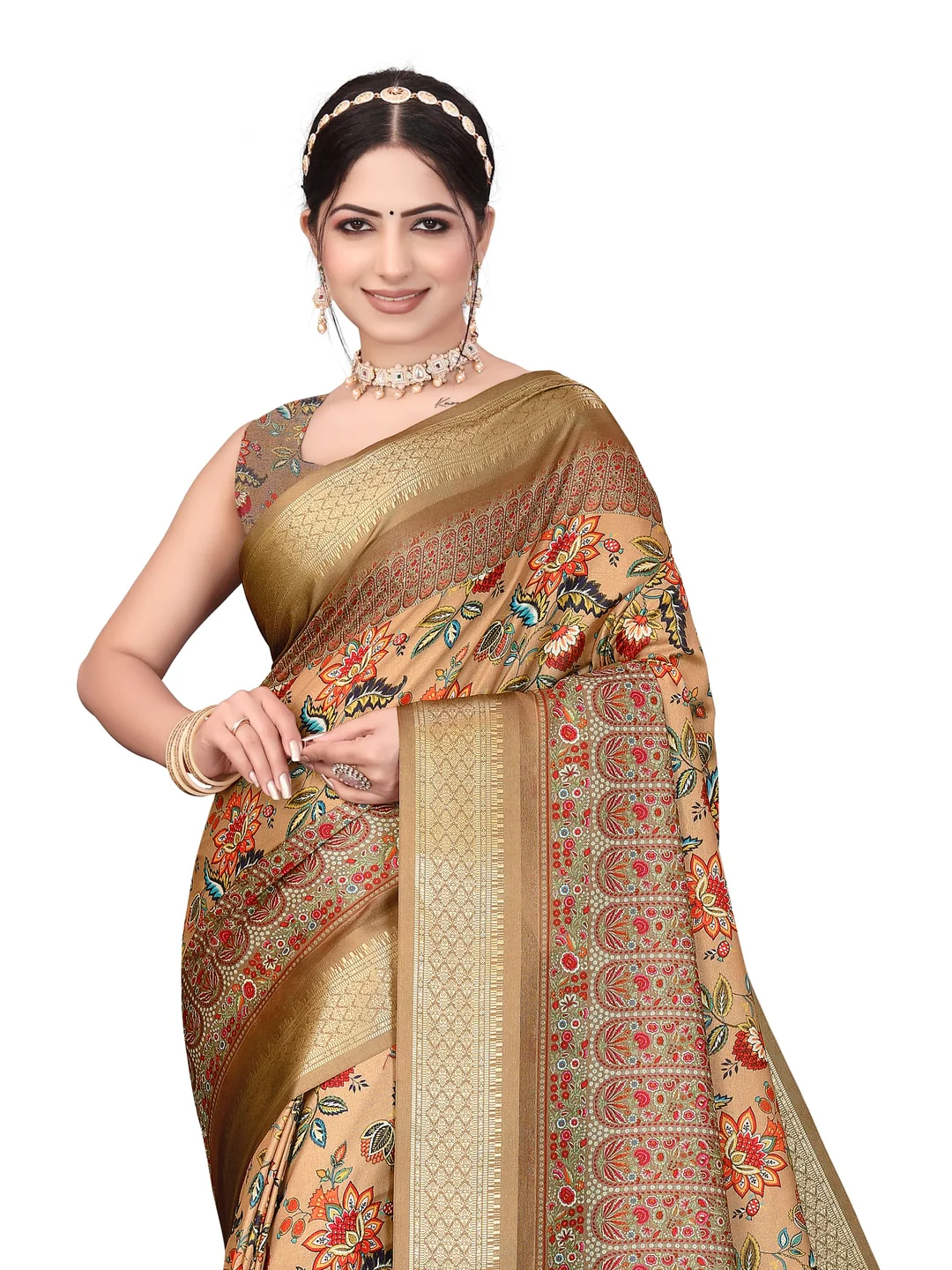 Peachmode Brown Cotton Silk Digital Print Saree with Jacquard Border - Image 24