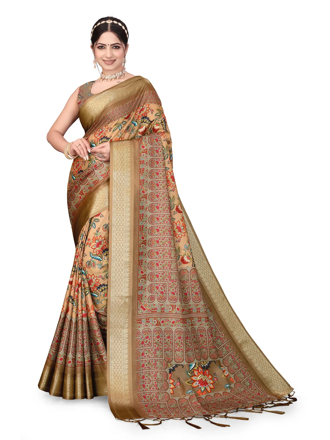 Peachmode Brown Cotton Silk Digital Print Saree with Jacquard Border - Image 26