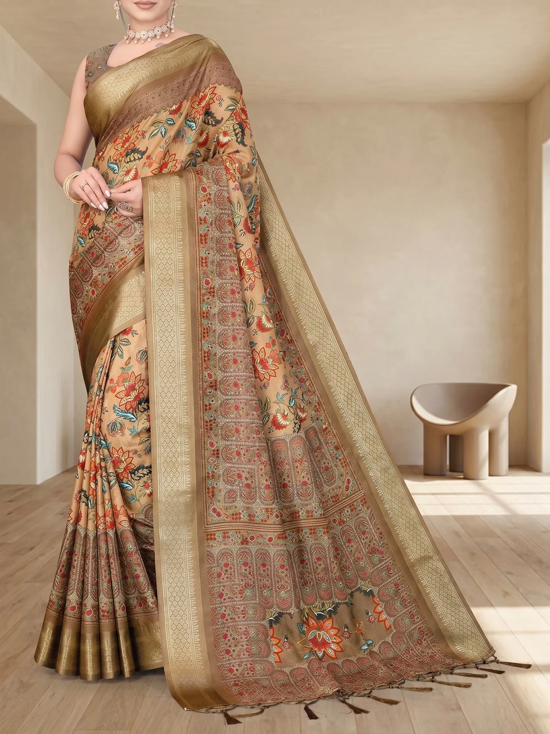 Peachmode Brown Cotton Silk Digital Print Saree with Jacquard Border - Image 3
