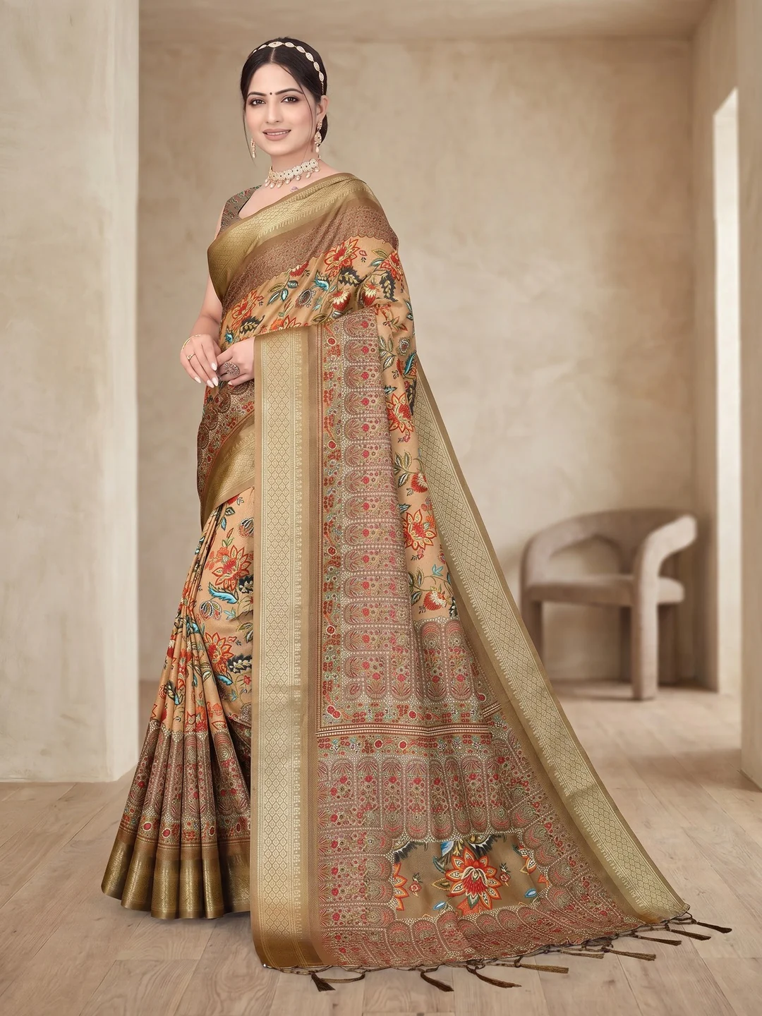 Peachmode Brown Cotton Silk Digital Print Saree with Jacquard Border - Image 4