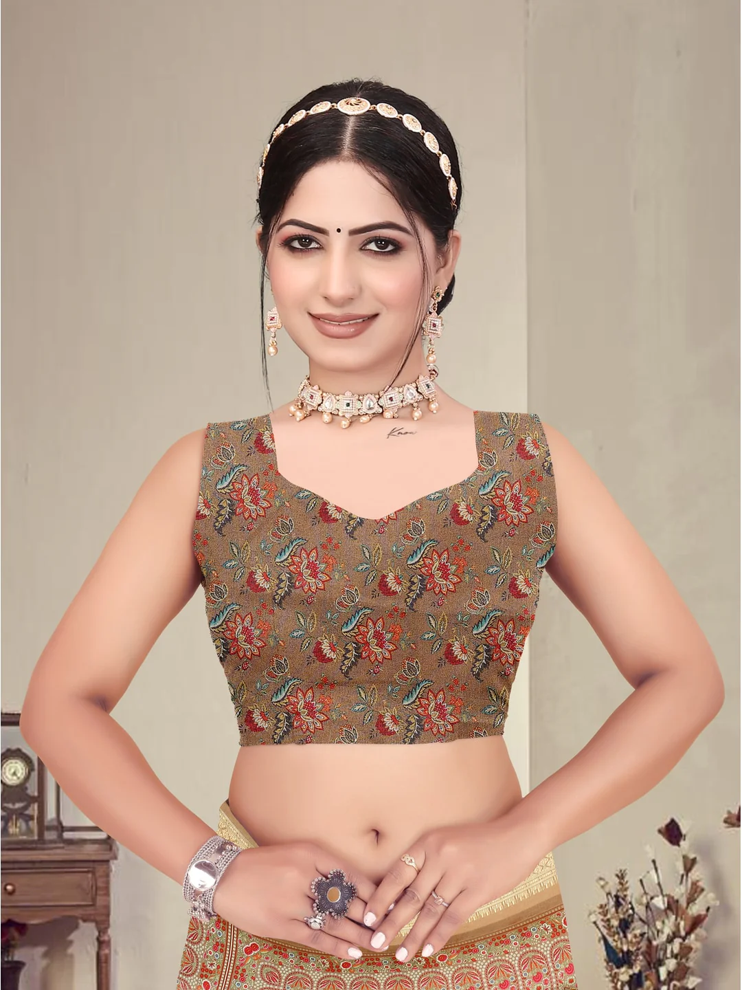 Peachmode Brown Cotton Silk Digital Print Saree with Jacquard Border - Image 8