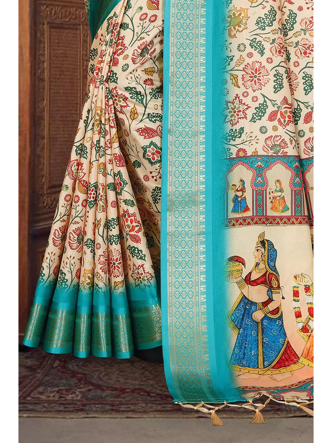 Peachmode Cream Cotton Silk Digital Print Saree with Jacquard Border - Image 11