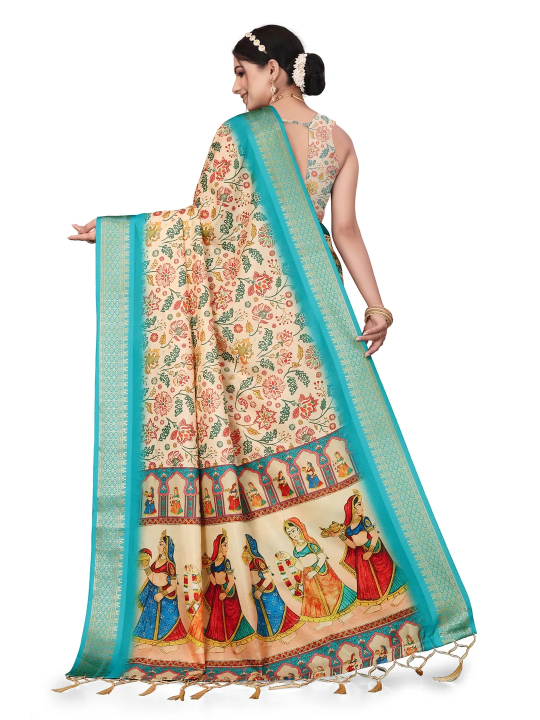 Peachmode Cream Cotton Silk Digital Print Saree with Jacquard Border - Image 14