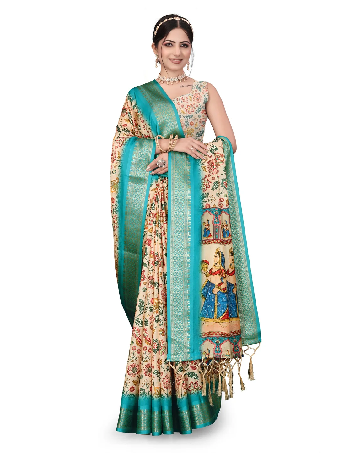Peachmode Cream Cotton Silk Digital Print Saree with Jacquard Border - Image 16