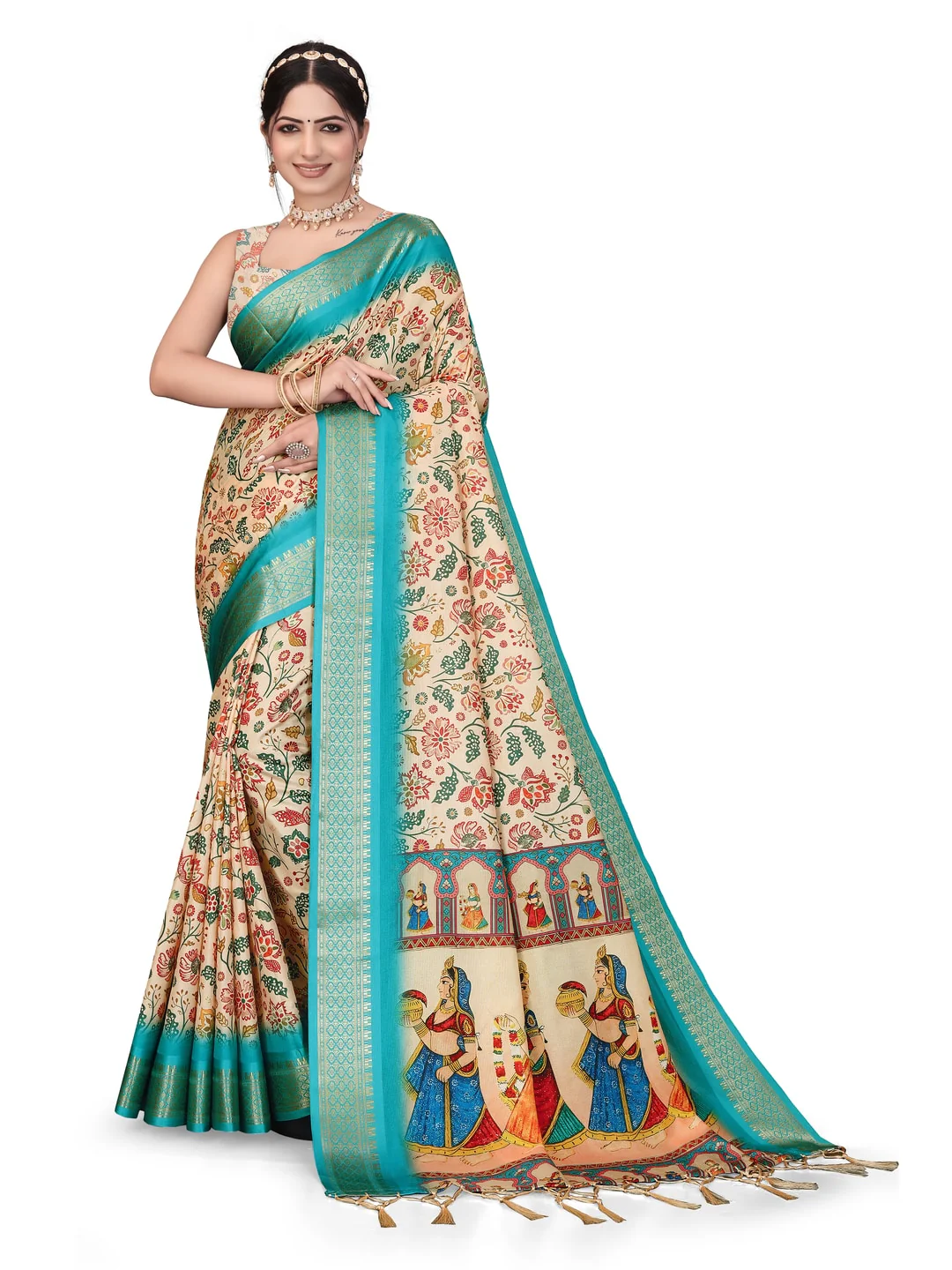 Peachmode Cream Cotton Silk Digital Print Saree with Jacquard Border - Image 20