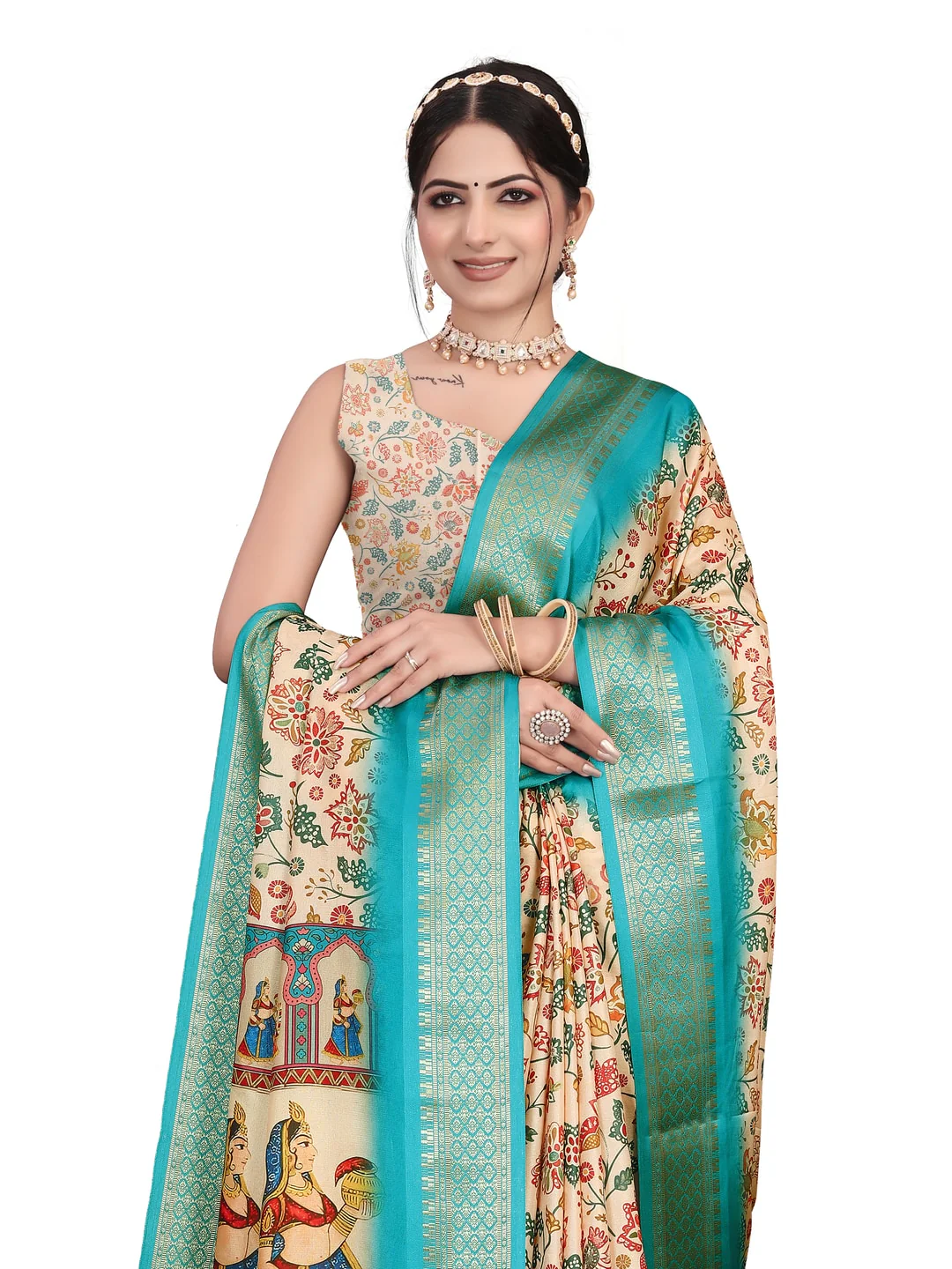 Peachmode Cream Cotton Silk Digital Print Saree with Jacquard Border - Image 29