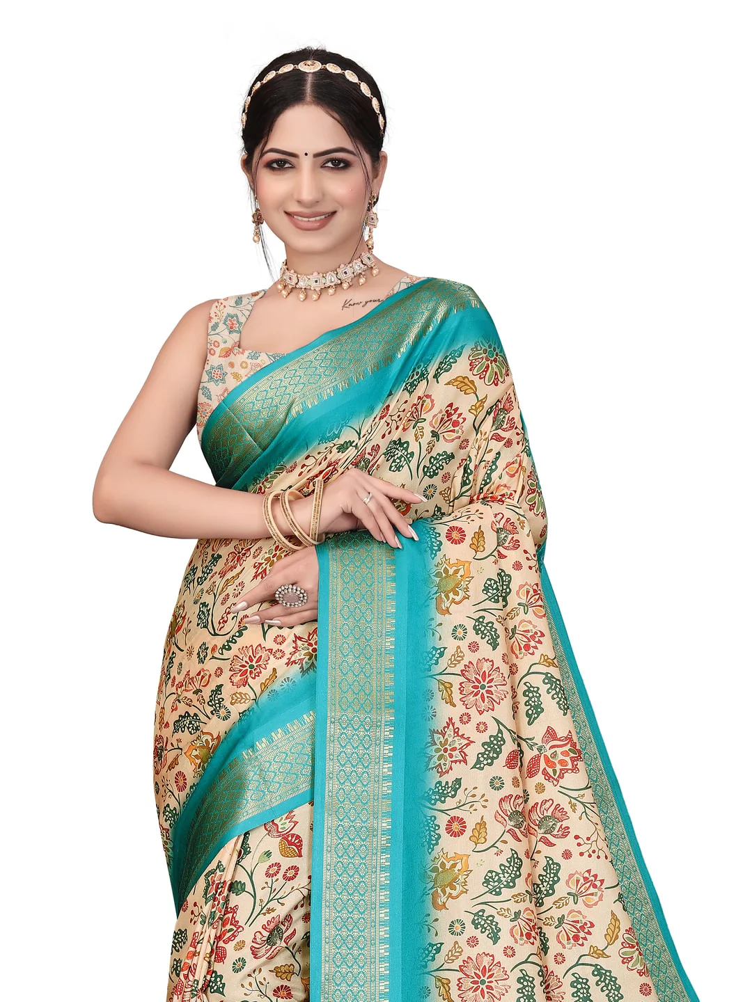 Peachmode Cream Cotton Silk Digital Print Saree with Jacquard Border - Image 32