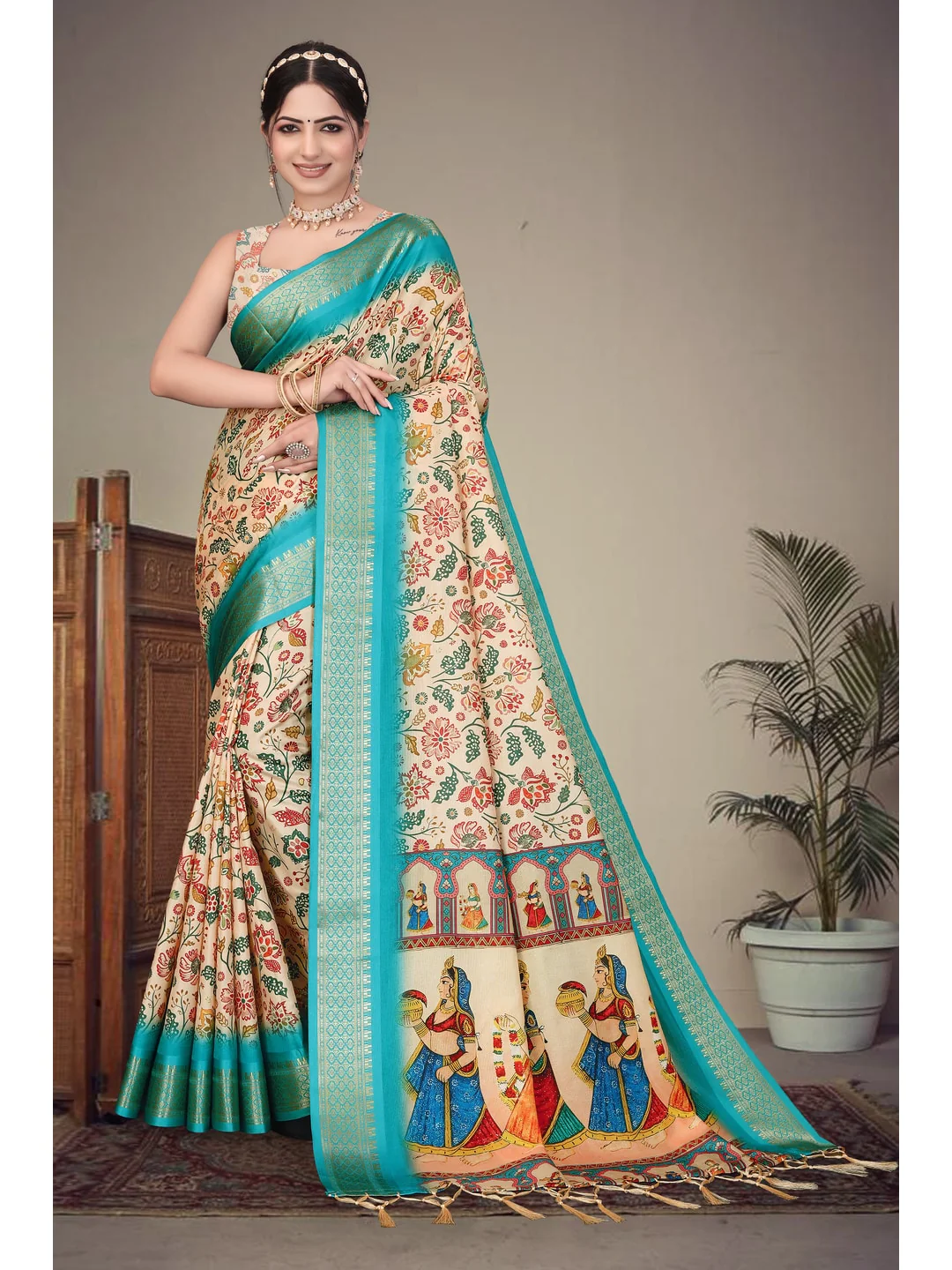 Peachmode Cream Cotton Silk Digital Print Saree with Jacquard Border - Image 5