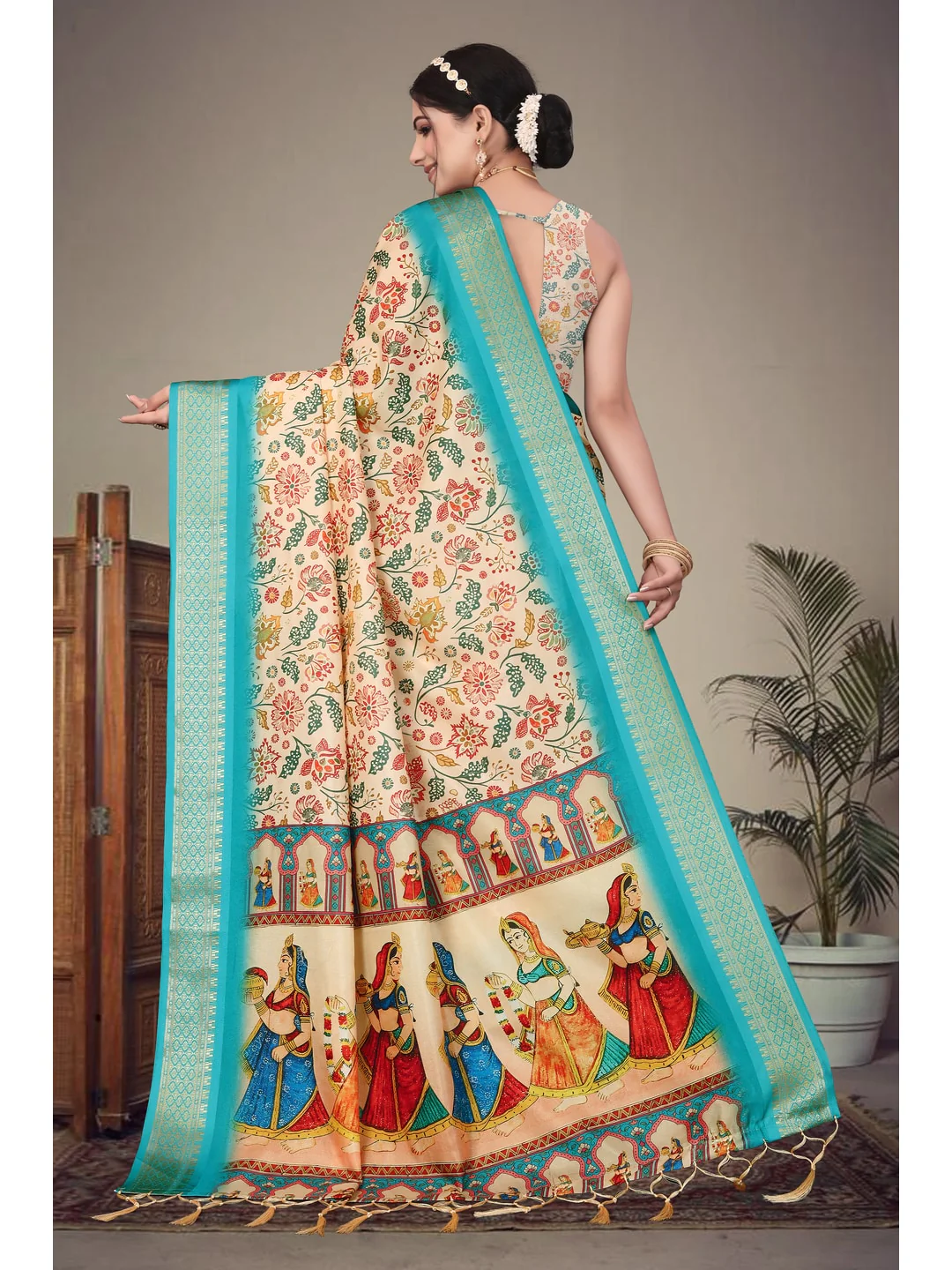 Peachmode Cream Cotton Silk Digital Print Saree with Jacquard Border - Image 6