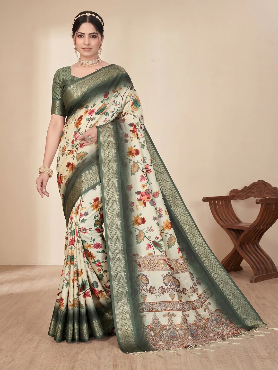Peachmode Green Cotton Silk Digital Print Saree with Jacquard Border - Image 2