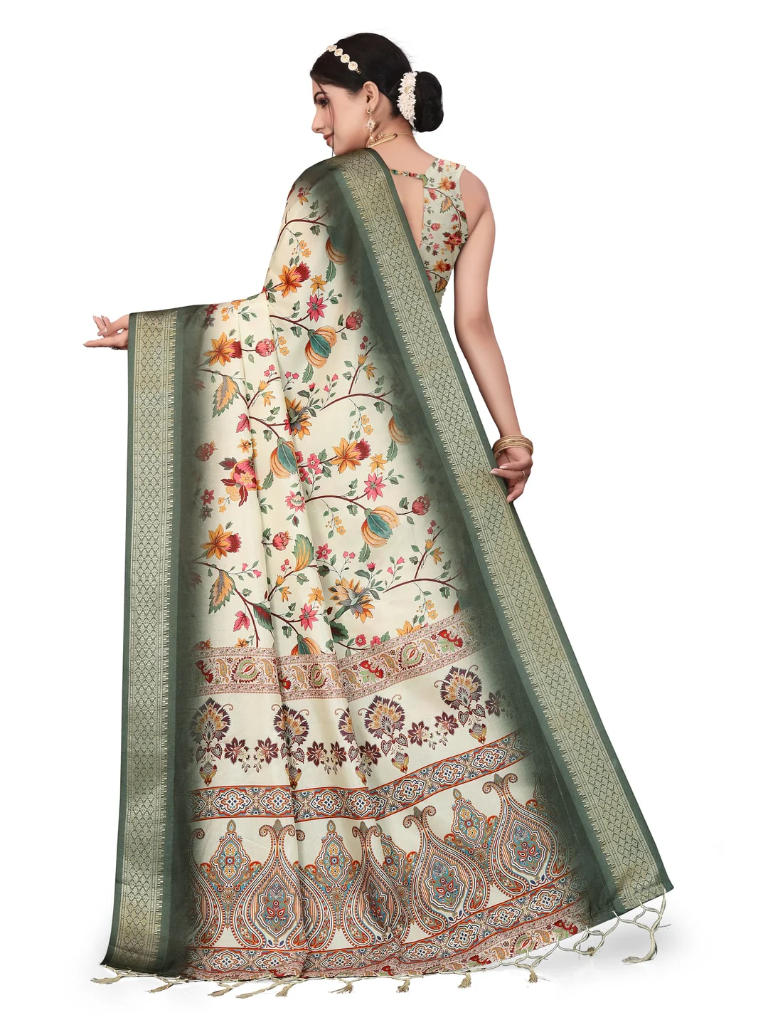 Peachmode Green Cotton Silk Digital Print Saree with Jacquard Border - Image 23