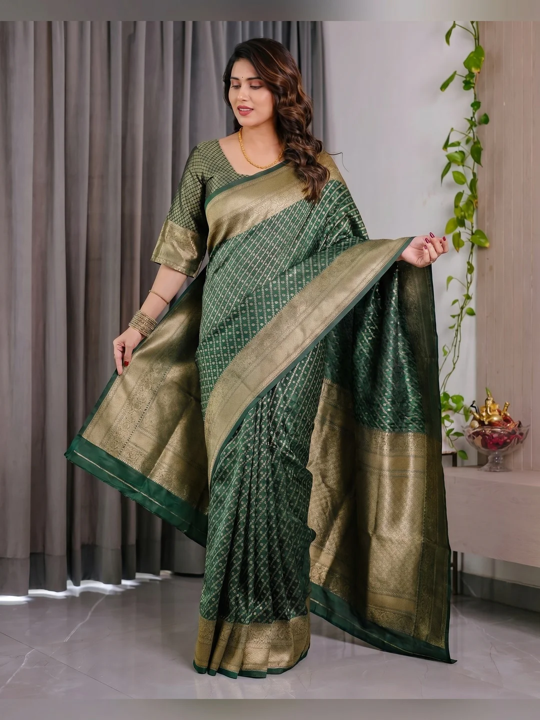Peachmode Green Soft Lichi Silk Saree with Zari Woven Border - Image 3