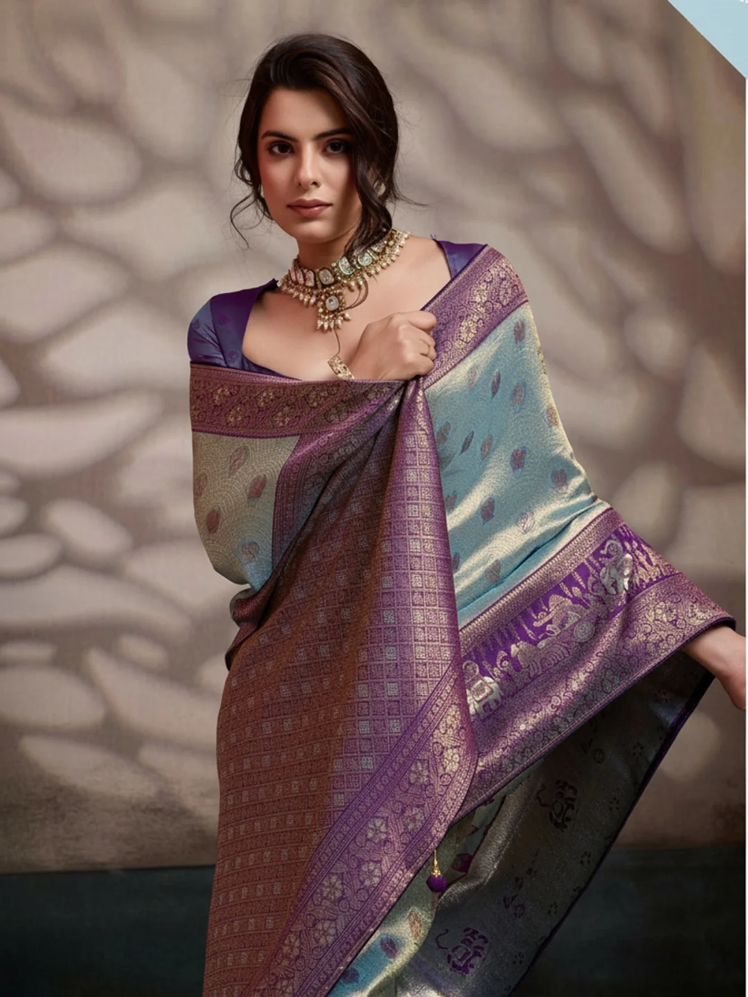 Peachmode Grey Kanjivaram Soft Silk Saree with Meenakari Woven Pallu