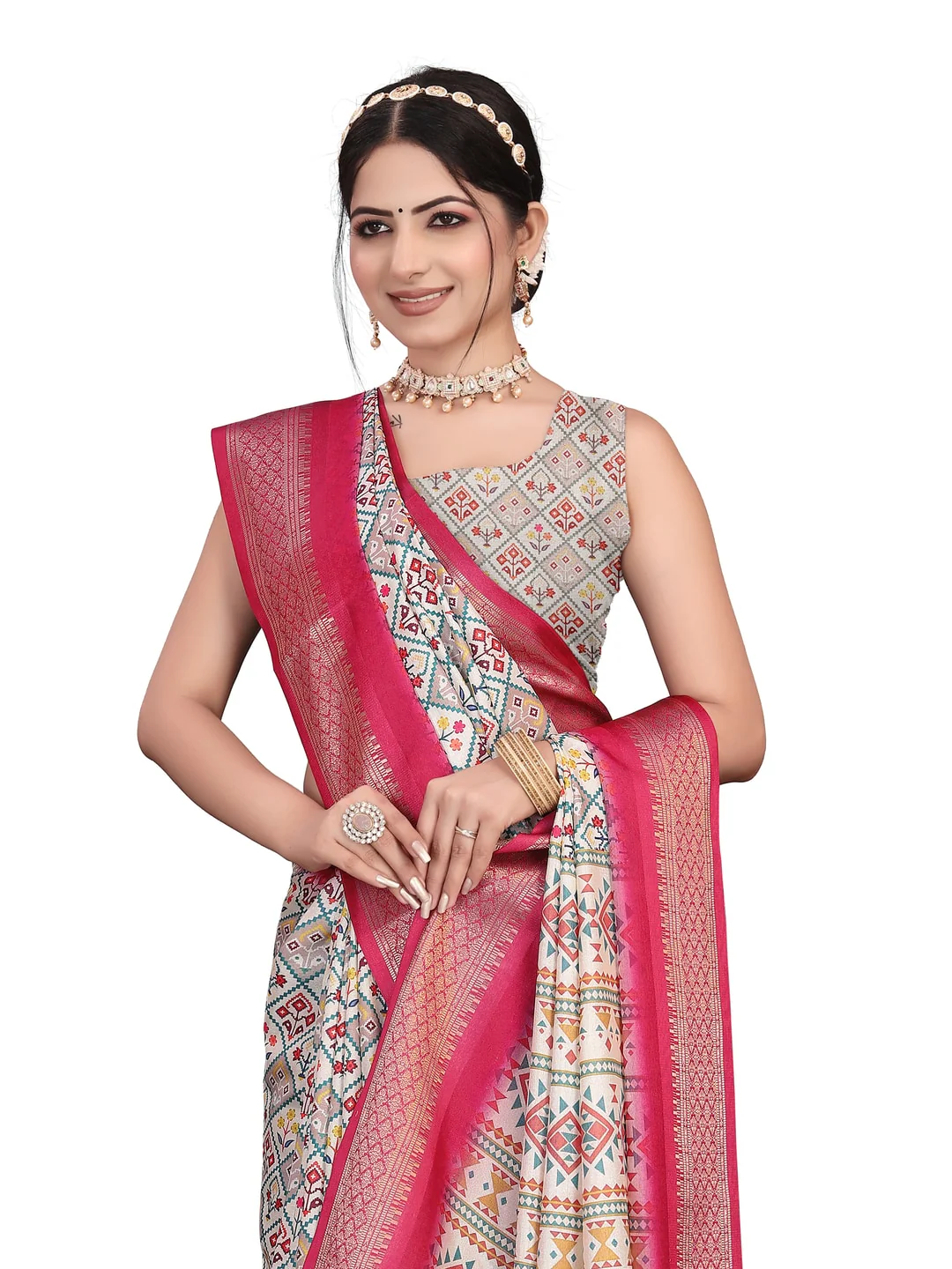 Peachmode Magenta Cotton Silk Digital Print Saree with Jacquard Border - Image 15