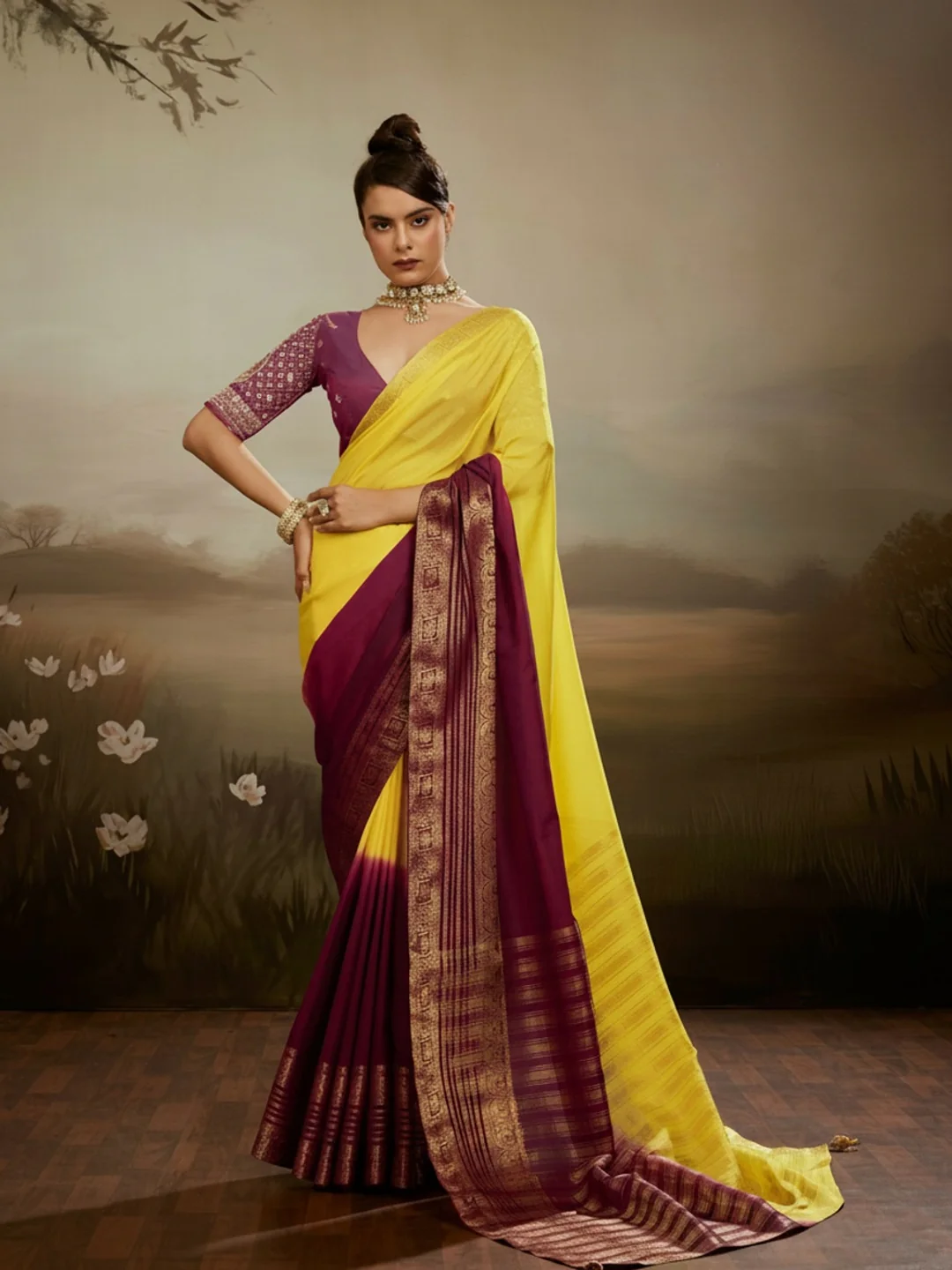 Peachmode Maroon Soft Chiffon Ombre Saree with Zari Woven Pallu - Image 2