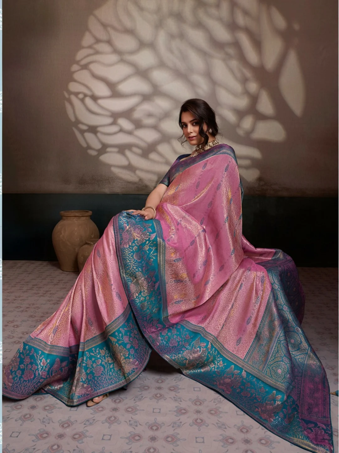 Peachmode Multicolor Kanjivaram Soft Silk Saree with Meenakari Woven Pallu