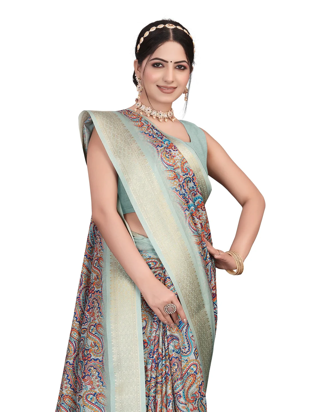 Peachmode Olive Cotton Silk Digital Print Saree with Jacquard Border - Image 14