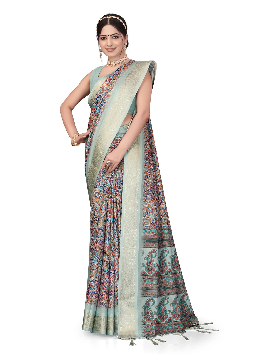 Peachmode Olive Cotton Silk Digital Print Saree with Jacquard Border - Image 15