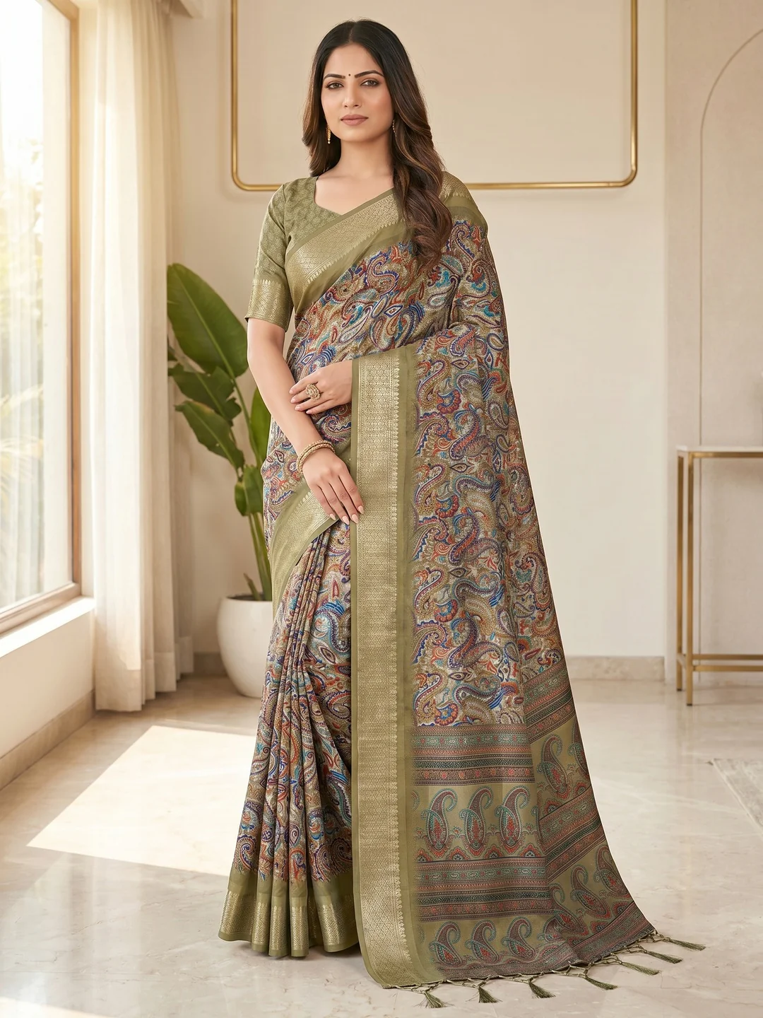 Peachmode Olive Cotton Silk Digital Print Saree with Jacquard Border