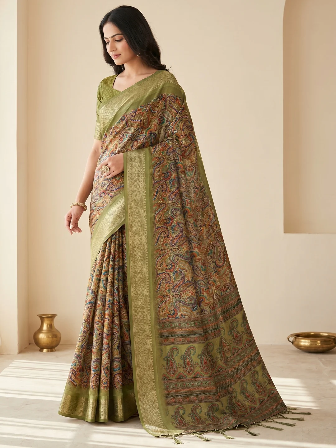 Peachmode Olive Cotton Silk Digital Print Saree with Jacquard Border - Image 2