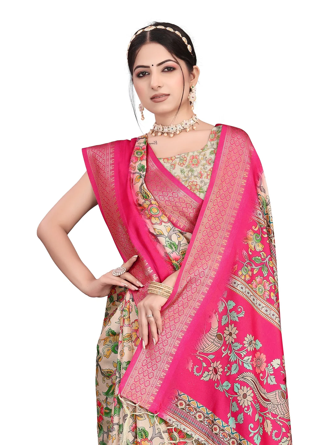 Peachmode Pink Cotton Silk Digital Print Saree with Jacquard Border - Image 15