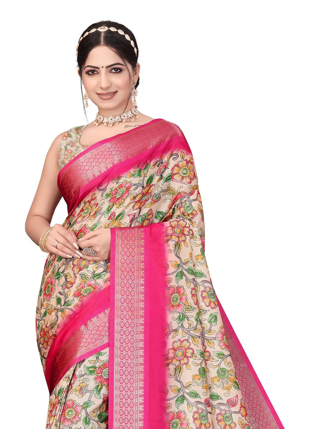 Peachmode Pink Cotton Silk Digital Print Saree with Jacquard Border - Image 19