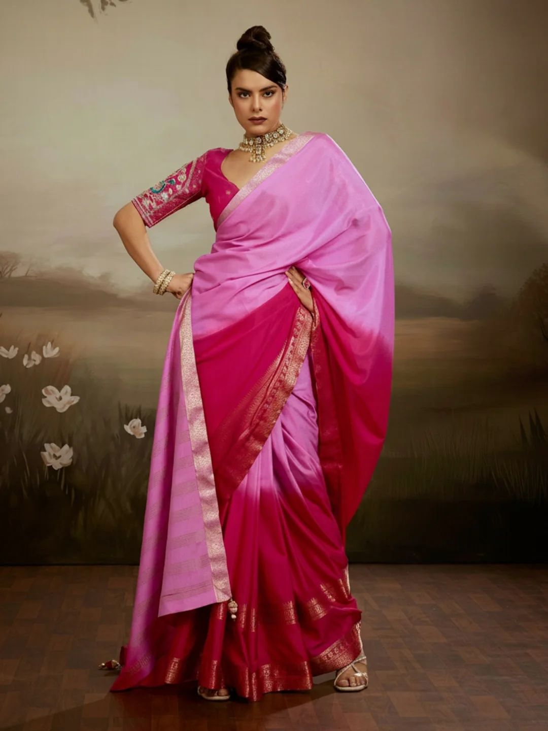 Peachmode Pink Soft Chiffon Ombre Saree with Zari Woven Pallu