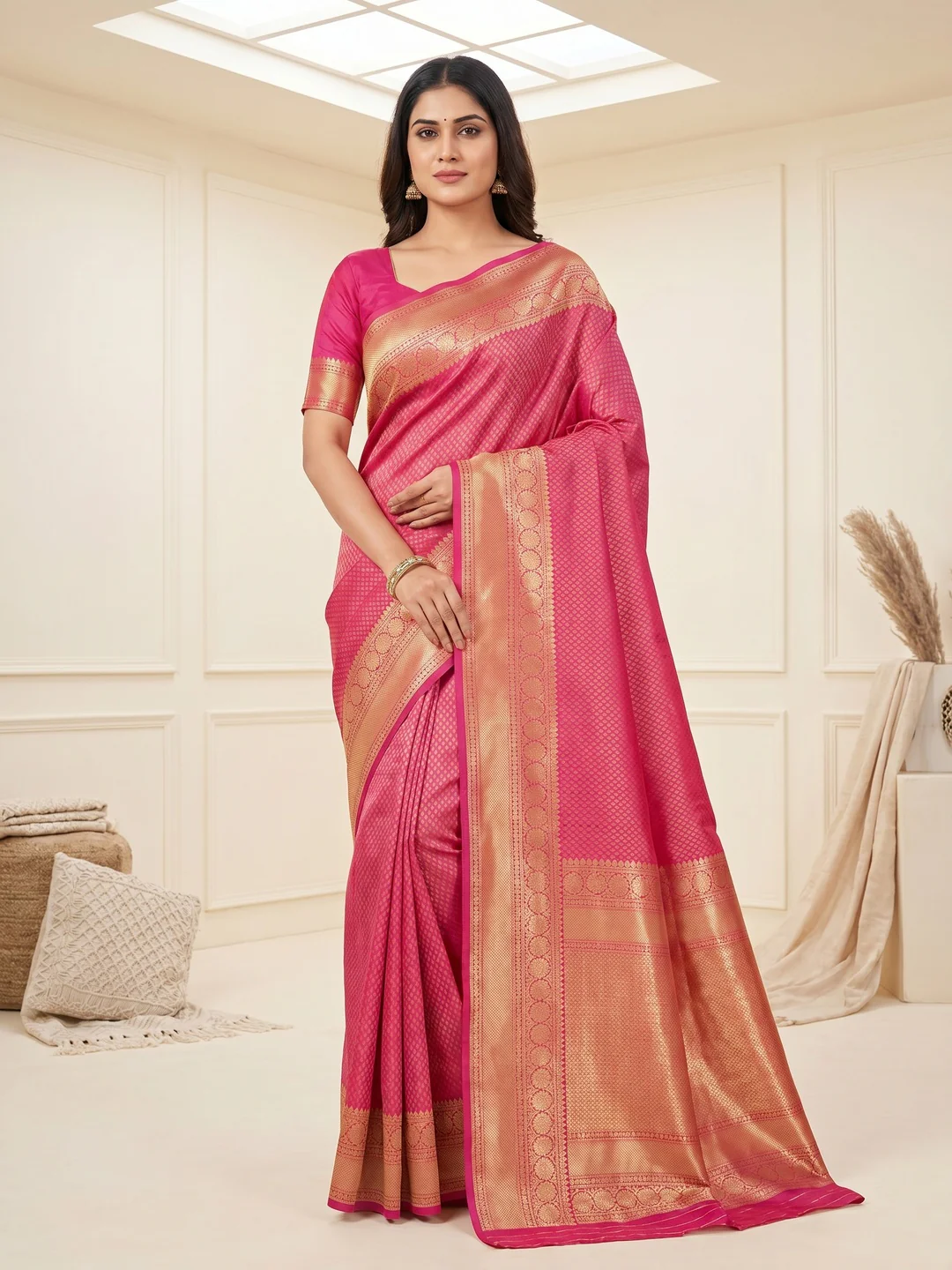 Peachmode Pink Soft Lichi Silk Saree with Zari Woven Border