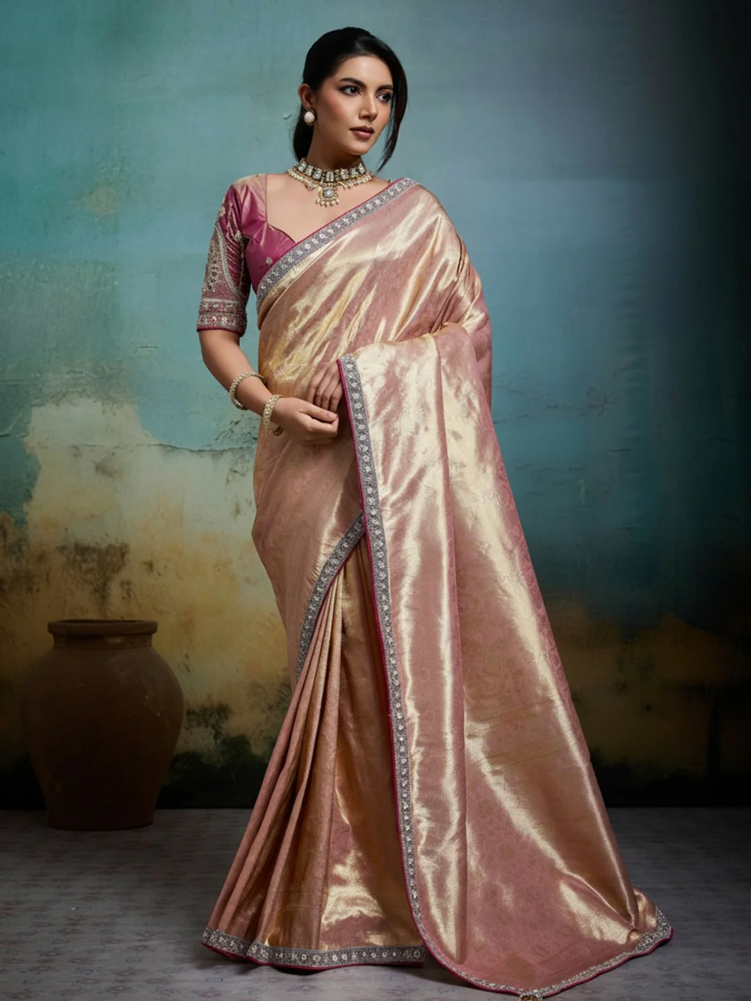 Peachmode Pink Tissue Banarasi Saree with Beads and Sequins Lace
