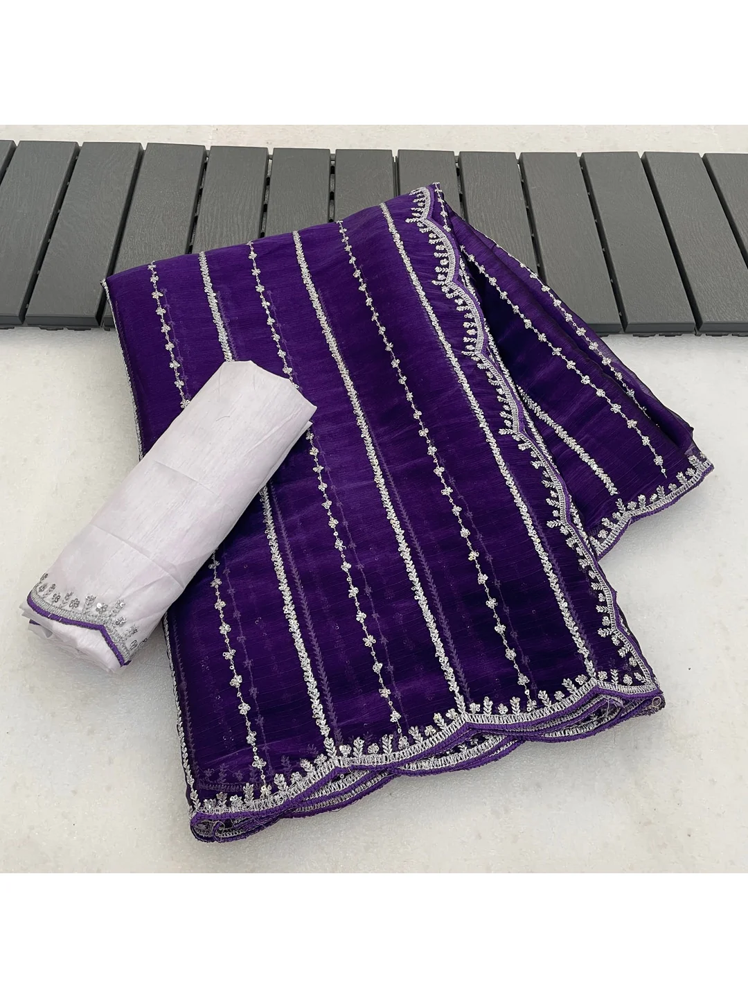 Peachmode Purple Chiffon Silk Saree with Sequins Work - Image 8