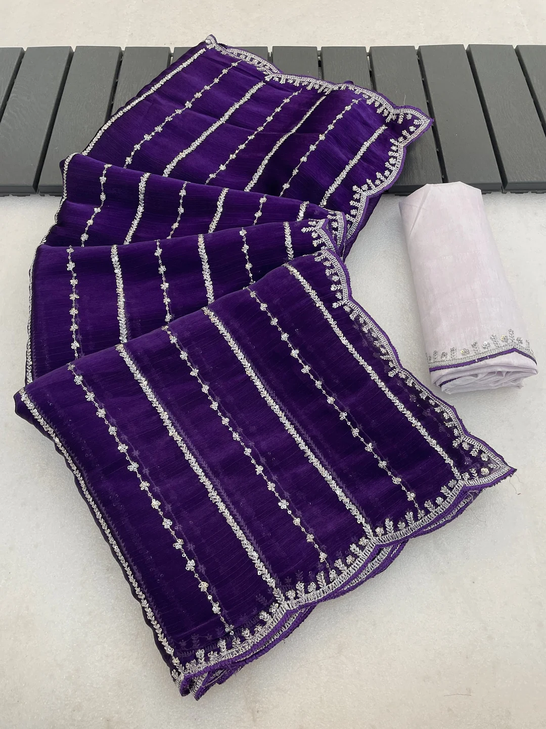 Peachmode Purple Chiffon Silk Saree with Sequins Work - Image 9