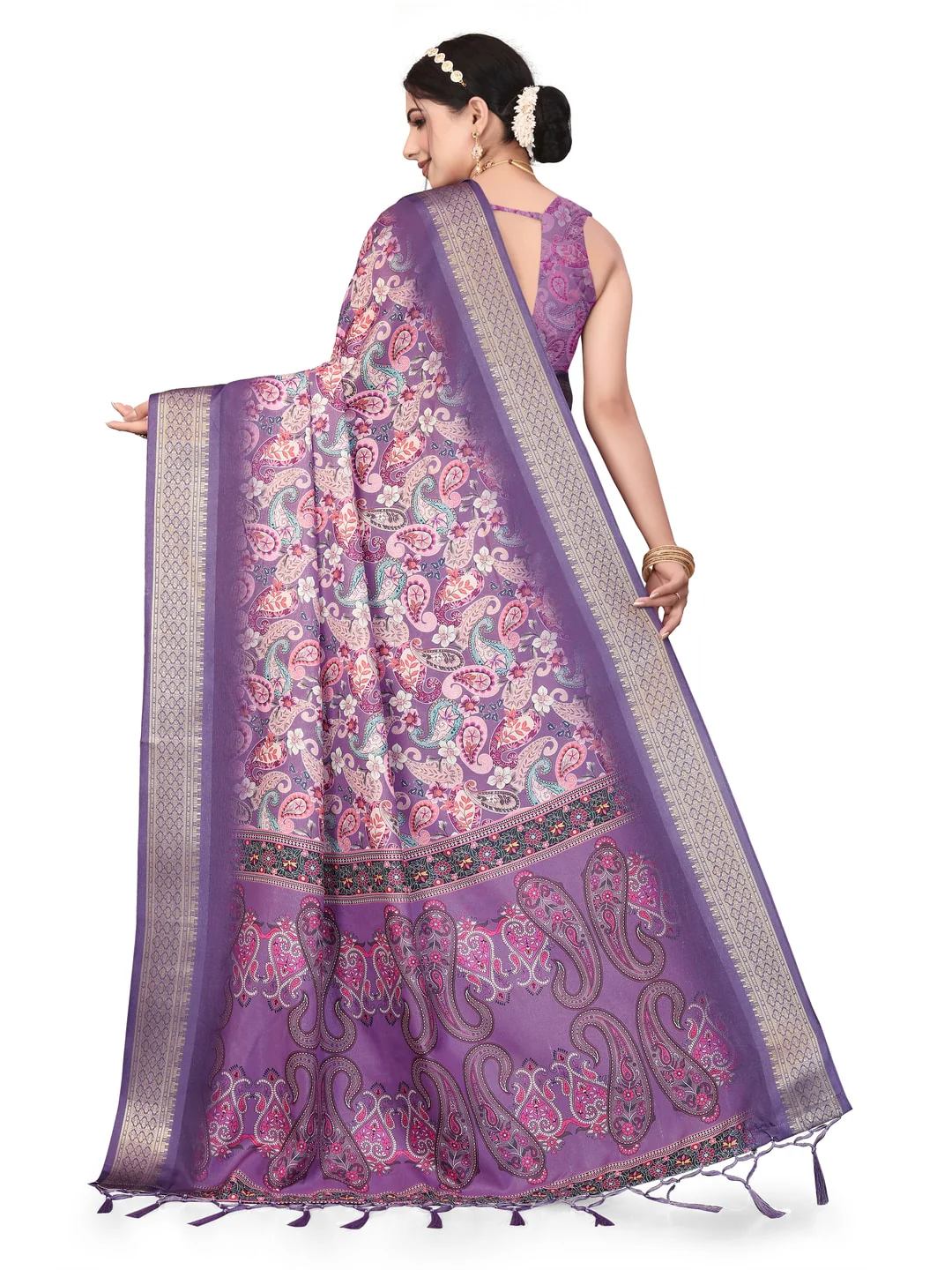 Peachmode Purple Cotton Silk Digital Print Saree with Jacquard Border - Image 14