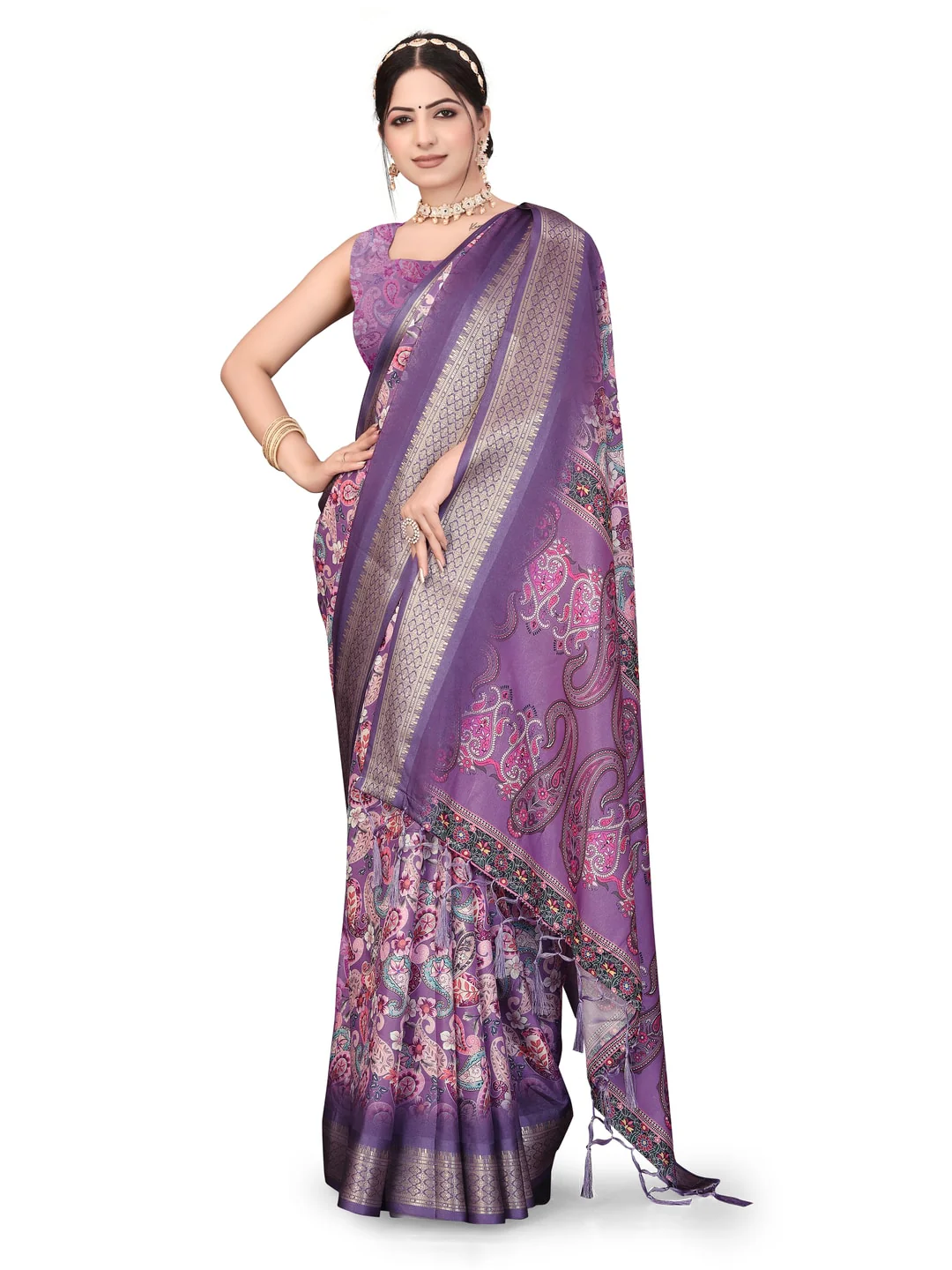 Peachmode Purple Cotton Silk Digital Print Saree with Jacquard Border - Image 16