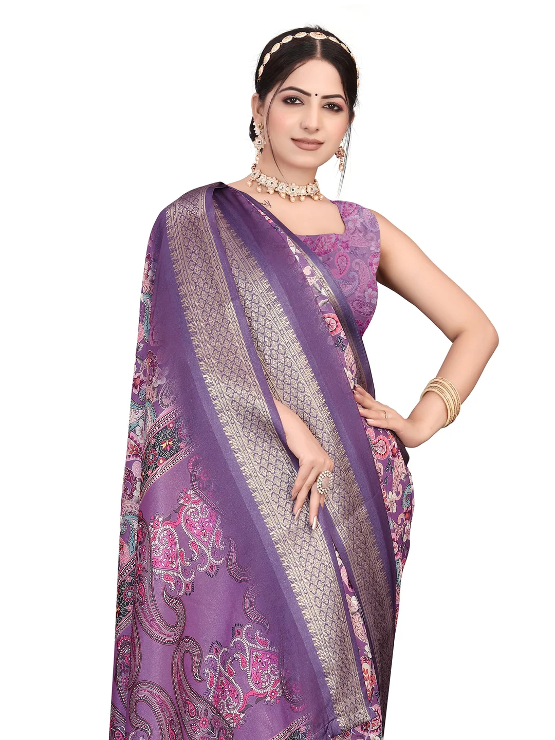 Peachmode Purple Cotton Silk Digital Print Saree with Jacquard Border - Image 22