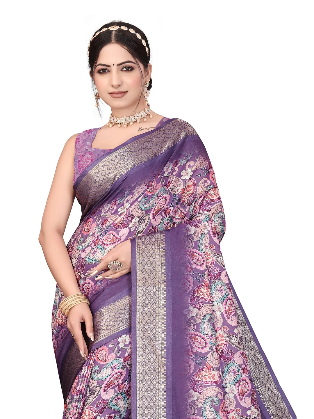Peachmode Purple Cotton Silk Digital Print Saree with Jacquard Border - Image 25