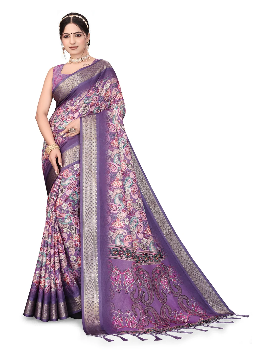 Peachmode Purple Cotton Silk Digital Print Saree with Jacquard Border - Image 27